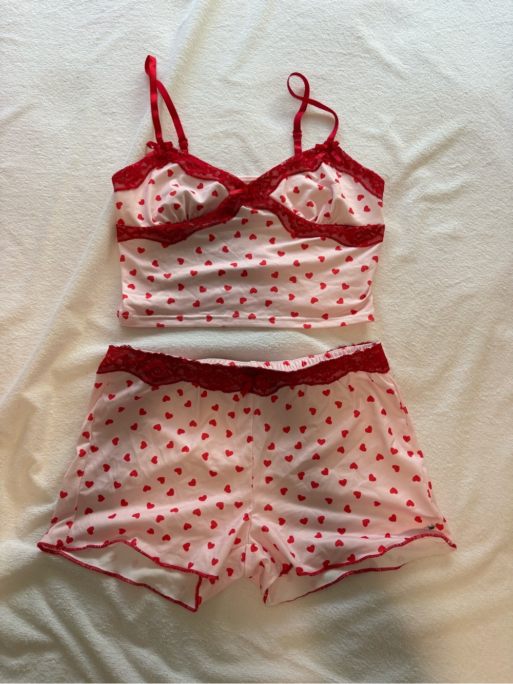Amazon Women's White Satin Cami & Shorts Sleep Set with Red Heart Print